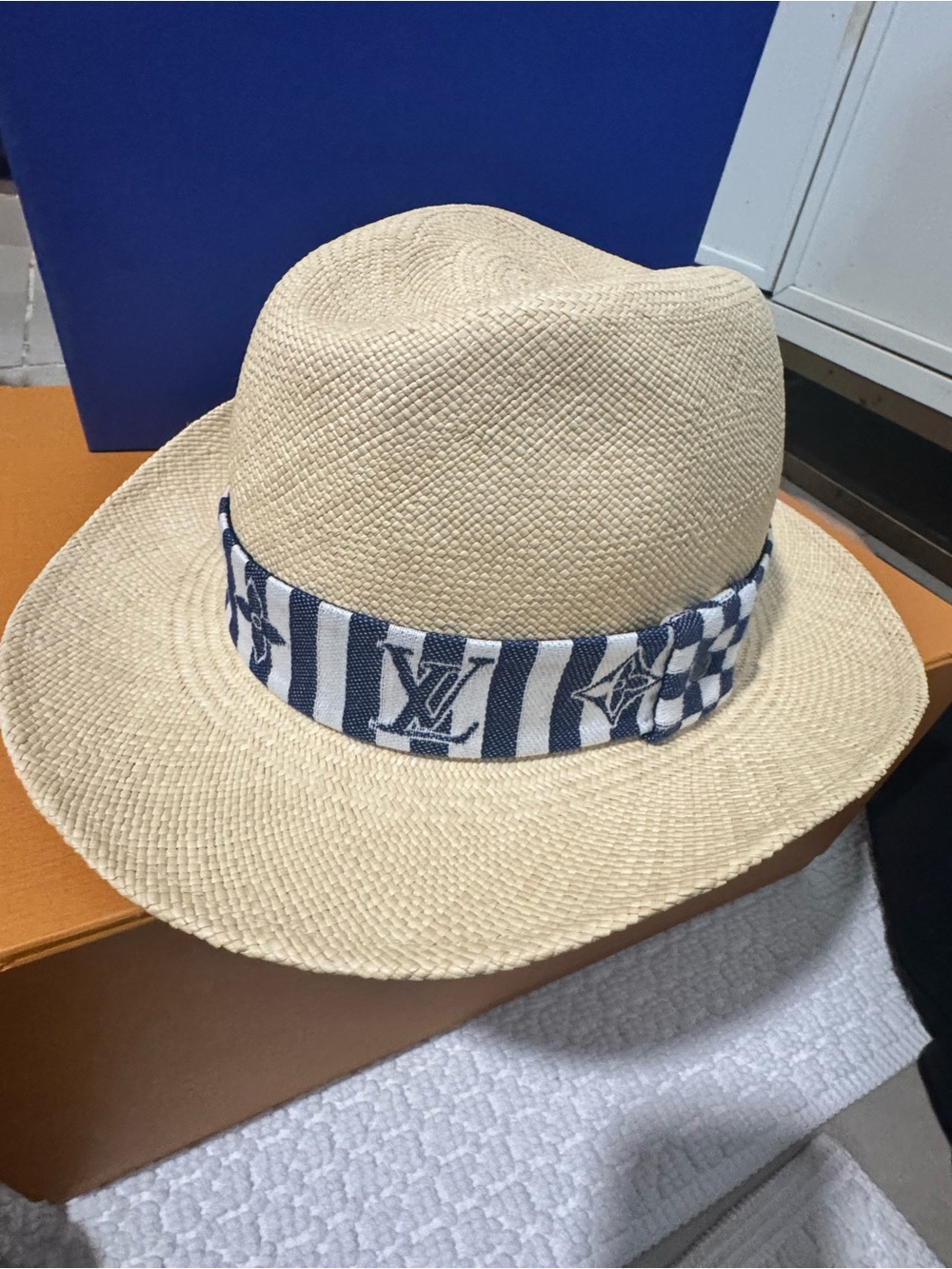 Louis Vuitton Natural Straw Fedora with Navy Logo Band
